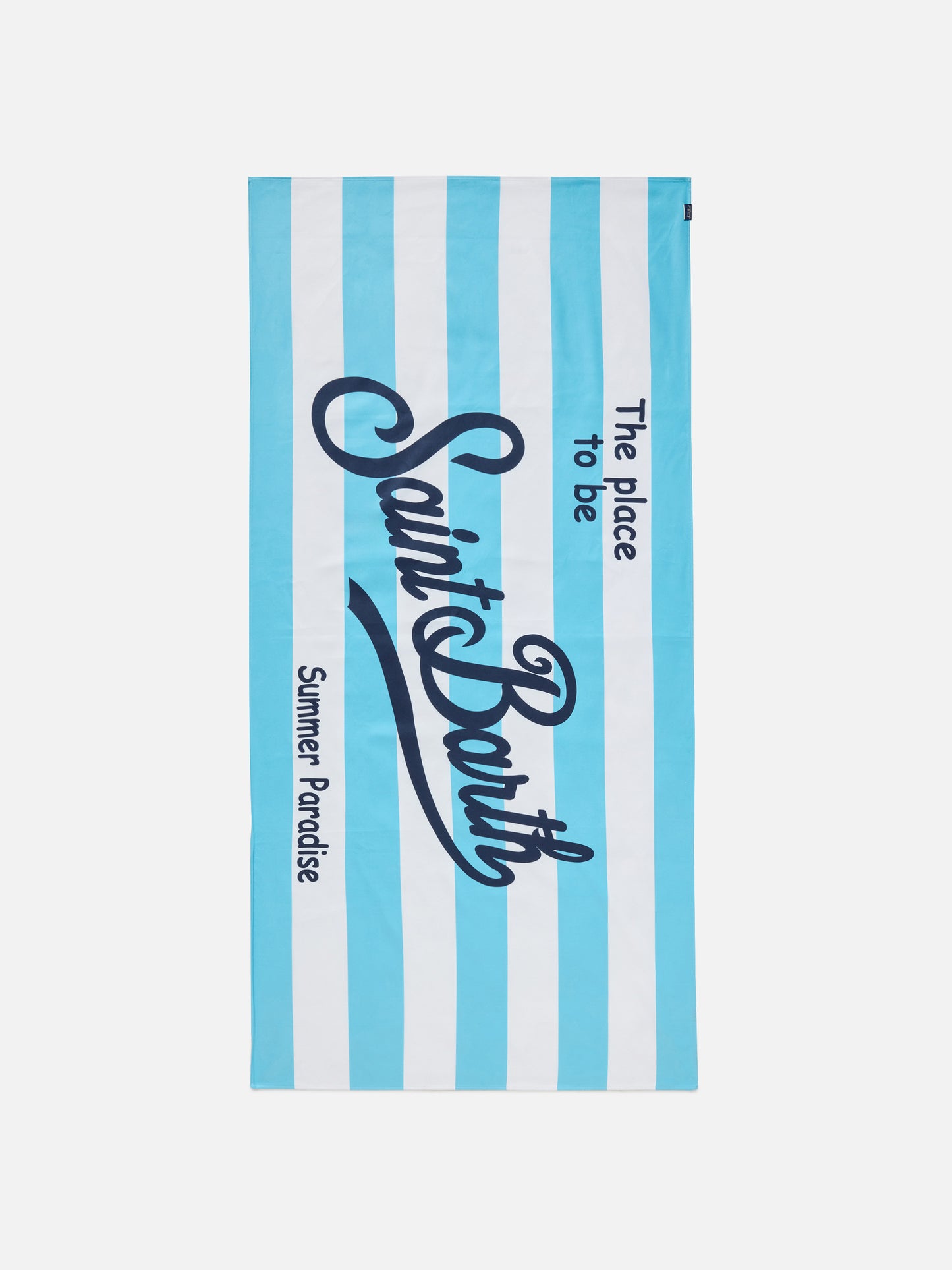 Aidan beach towel with light blue and white stripes and logo