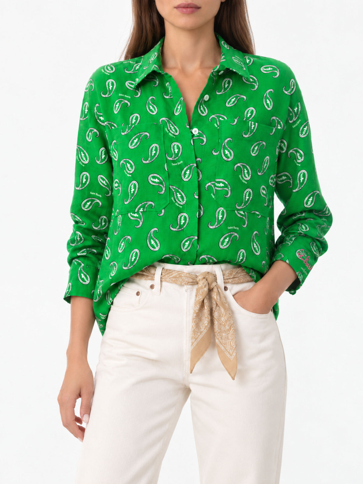 Chemise en lin à motif cachemire vert 