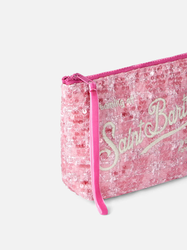 Rosa Tweed-Pochette Aline mit Logo-Stickerei