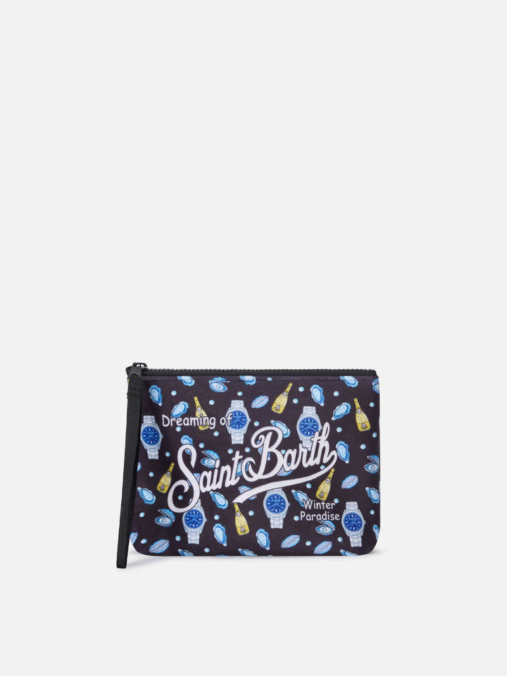 Aline negro pochette con estampado de ostras y relojes 