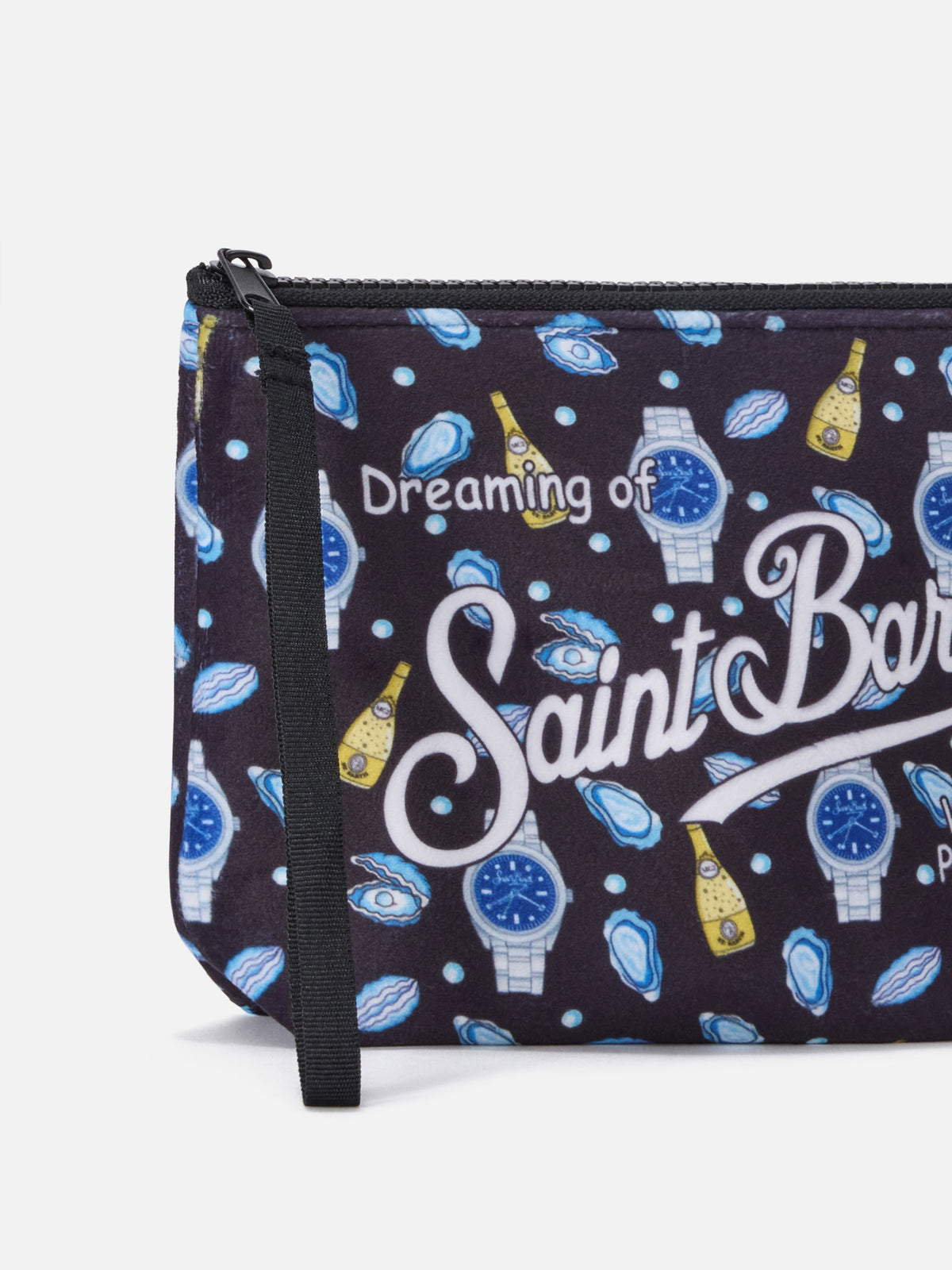 Aline negro pochette con estampado de ostras y relojes 