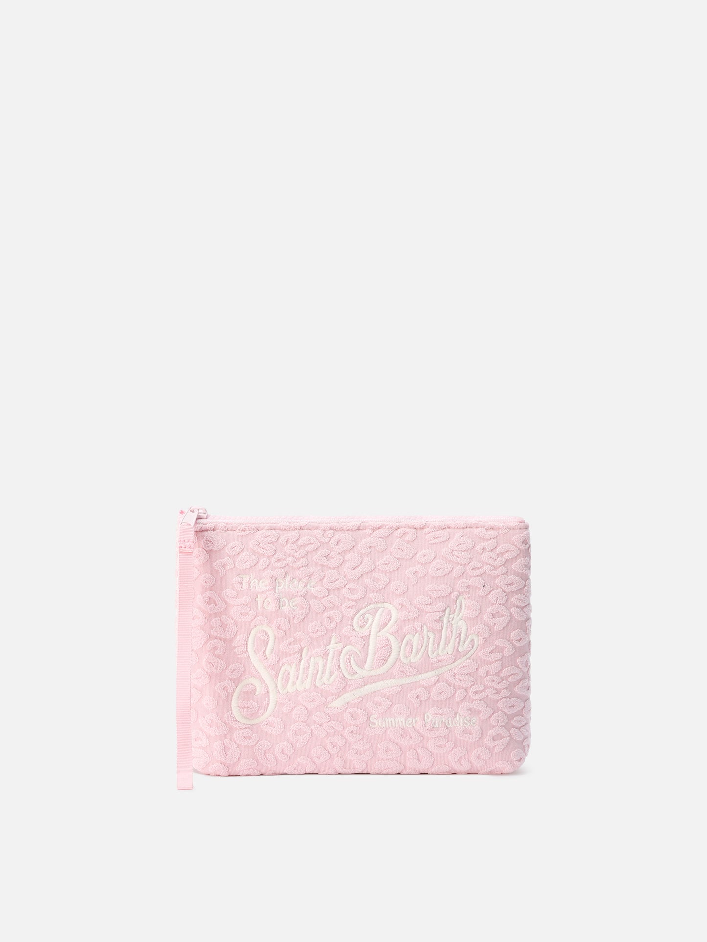 Pochette Aline effetto spugna rosa con motivo leopardato in rilievo