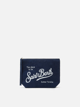 Aline navy blue solid color linen pouch