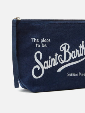 Aline navy blue solid color linen pouch