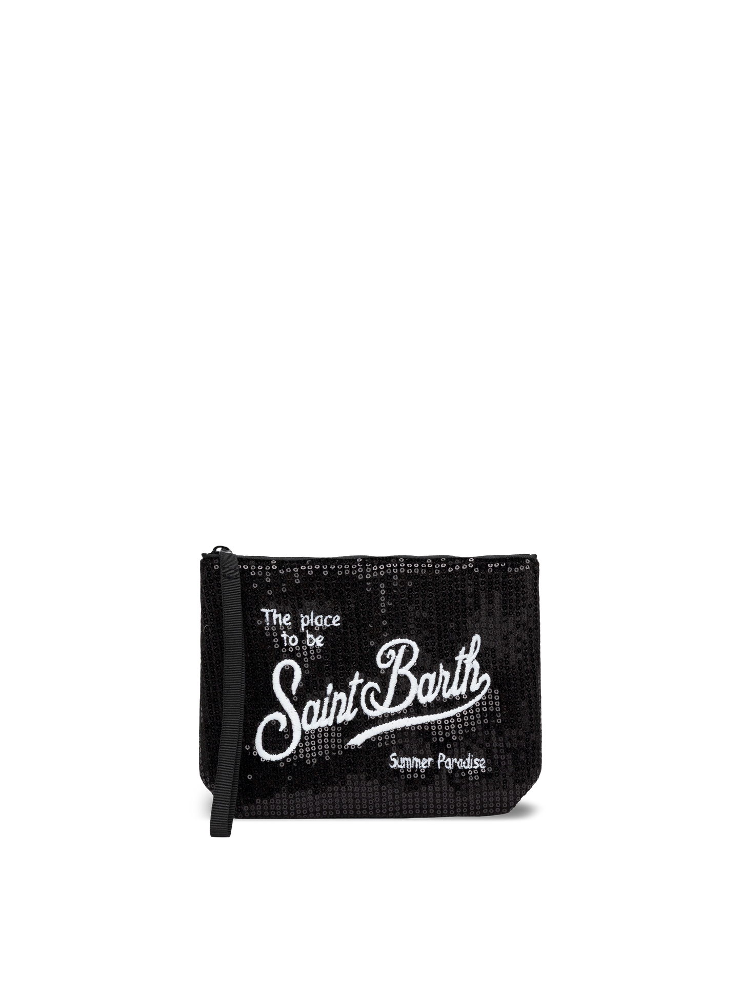 Schwarze Aline-Pochette mit Pailletten und aufgesticktem Logo