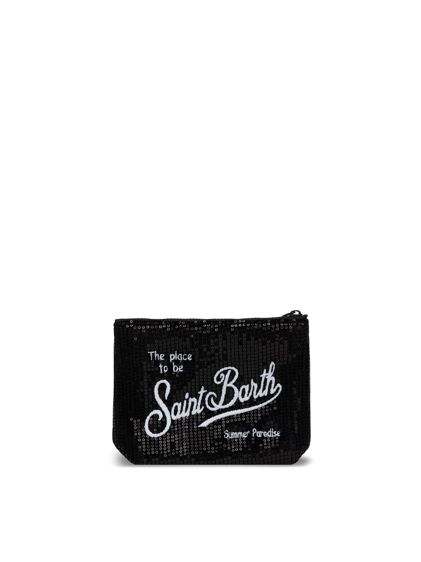 Schwarze Aline-Pochette mit Pailletten und aufgesticktem Logo