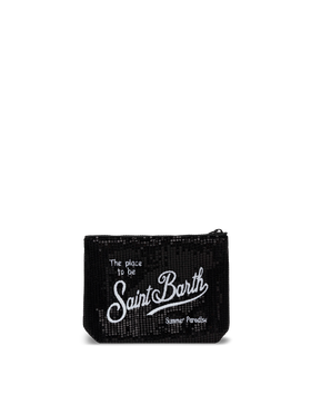 Schwarze Aline-Pochette mit Pailletten und aufgesticktem Logo