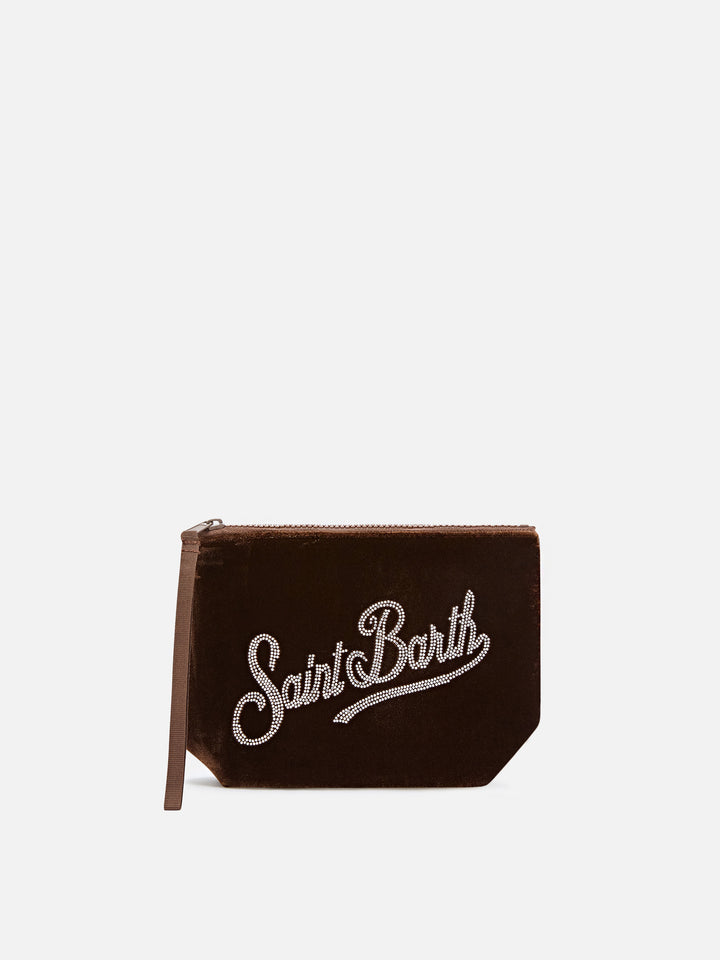 Terciopelo Bronze Aline pochette con logotipo de strass 
