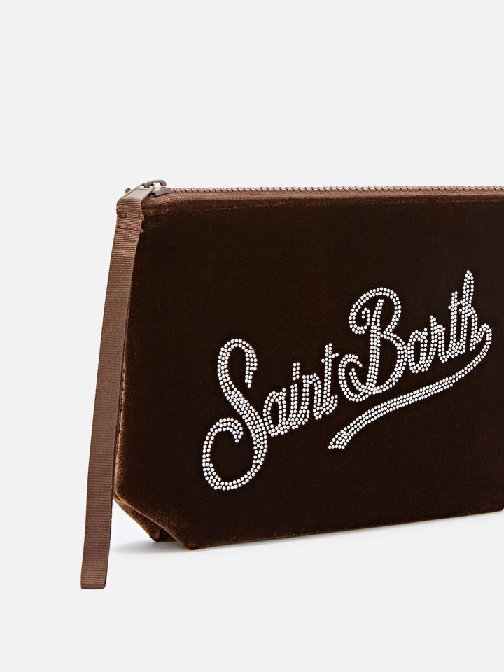 Terciopelo Bronze Aline pochette con logotipo de strass 