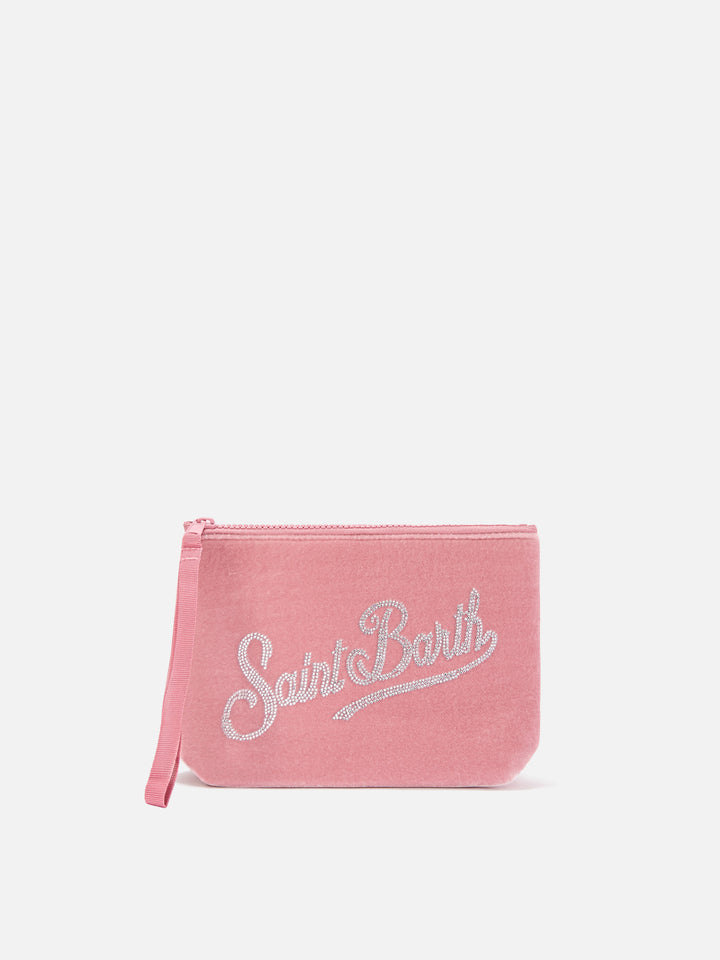 pochette de terciopelo rosa Aline con logo de strass 