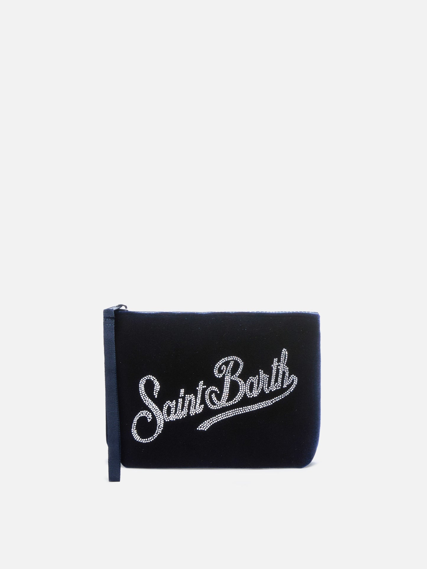 Aline blue velvet-effect scuba pouch with rhinestone logo