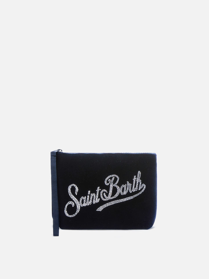 Aline blue velvet-effect scuba pouch with rhinestone logo