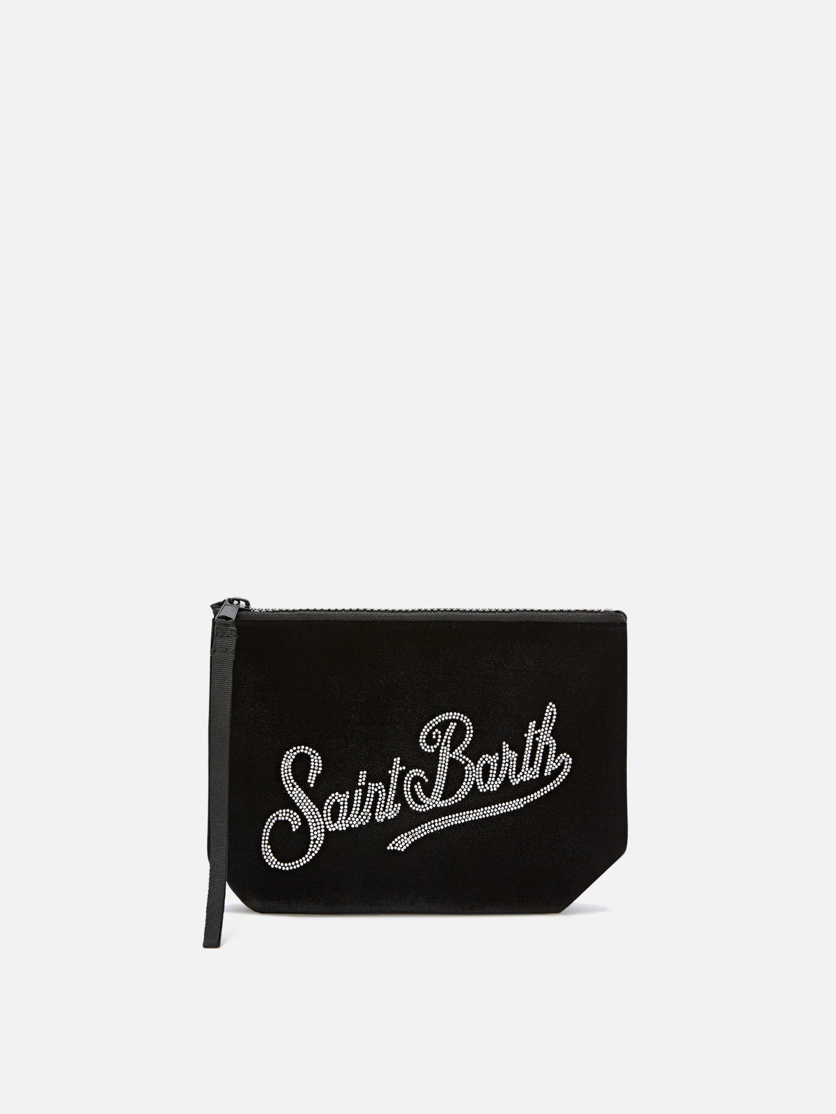 Black Aline velvet pochette with rhinestone logo