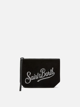 Black Aline velvet pochette with rhinestone logo