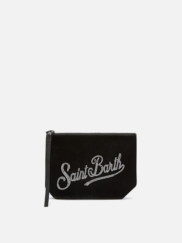 pochette de terciopelo negro Aline con logotipo de strass 
