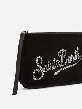 Black Aline velvet pochette with rhinestone logo