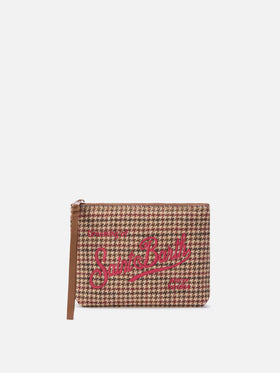 Aline de mezcla de lana pochette con motivo de pata de gallo y bordado del logo 