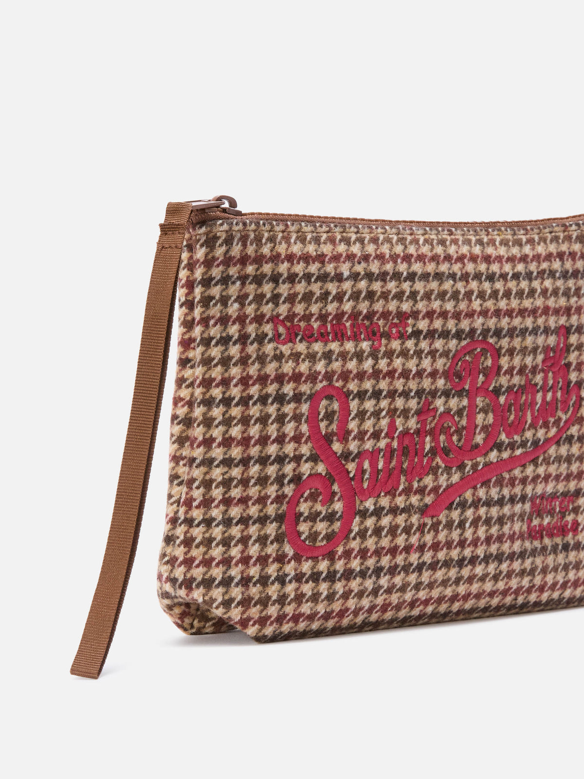 Aline de mezcla de lana pochette con motivo de pata de gallo y bordado del logo 