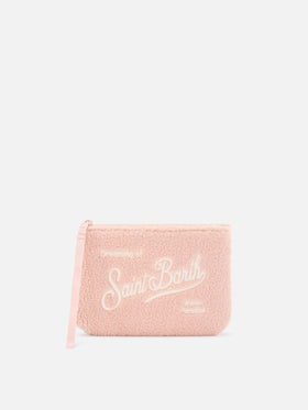 Peluche pochette rose Aline avec broderie du logo 
