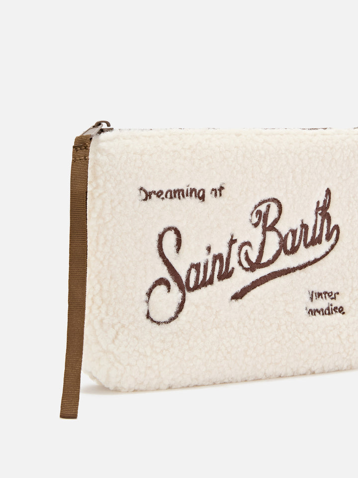 Beige Aline teddy pochette with brown logo embroidery