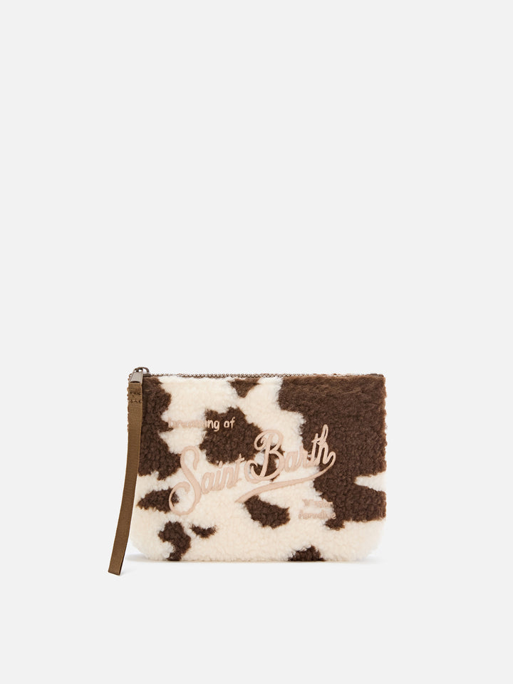 Pochette Aline in tessuto teddy con stampa mucca
