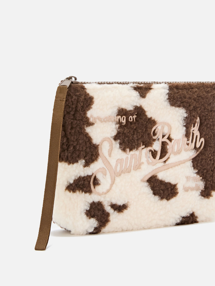 Pochette Aline in tessuto teddy con stampa mucca