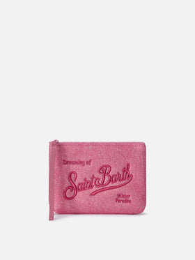 Pochette Aline fucsia in lurex con ricamo logo