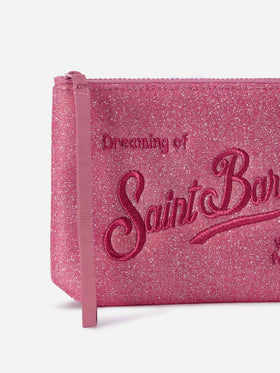 Pochette Aline fucsia in lurex con ricamo logo