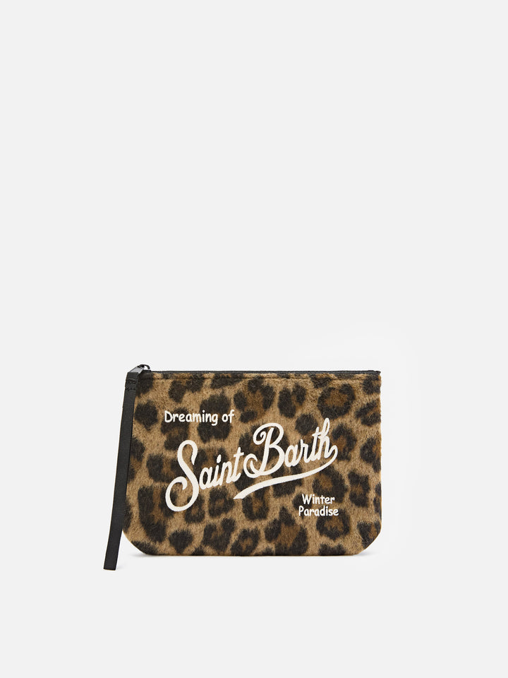 Pochette Aline in feltro con stampa leopardata e ricamo logo