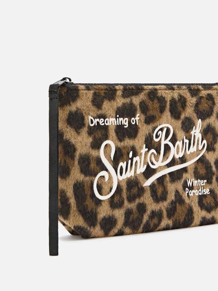 Pochette Aline in feltro con stampa leopardata e ricamo logo