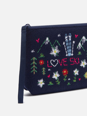 Marineblauer blue Aline-Filz pochette mit gestickten Blumen und Herzen 