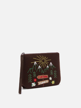 Brown Aline felt pochette with embroidered mountain landscape