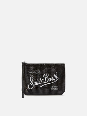Aline en velours noir pochette avec sequins et broderie logo 