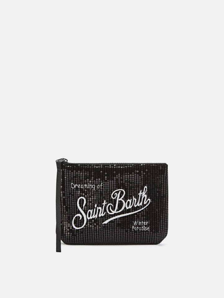 pochette de terciopelo negro Aline con lentejuelas y bordado del logotipo 