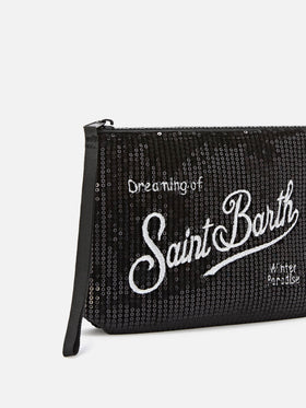 Aline en velours noir pochette avec sequins et broderie logo 