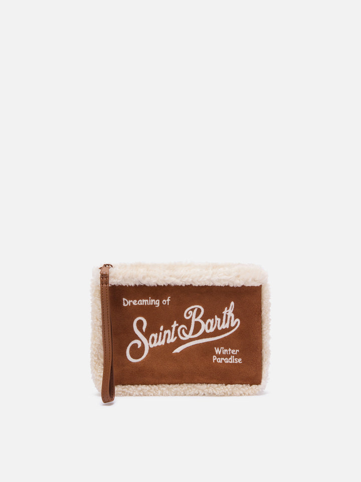Brown Aline faux shearling pochette with logo embroidery