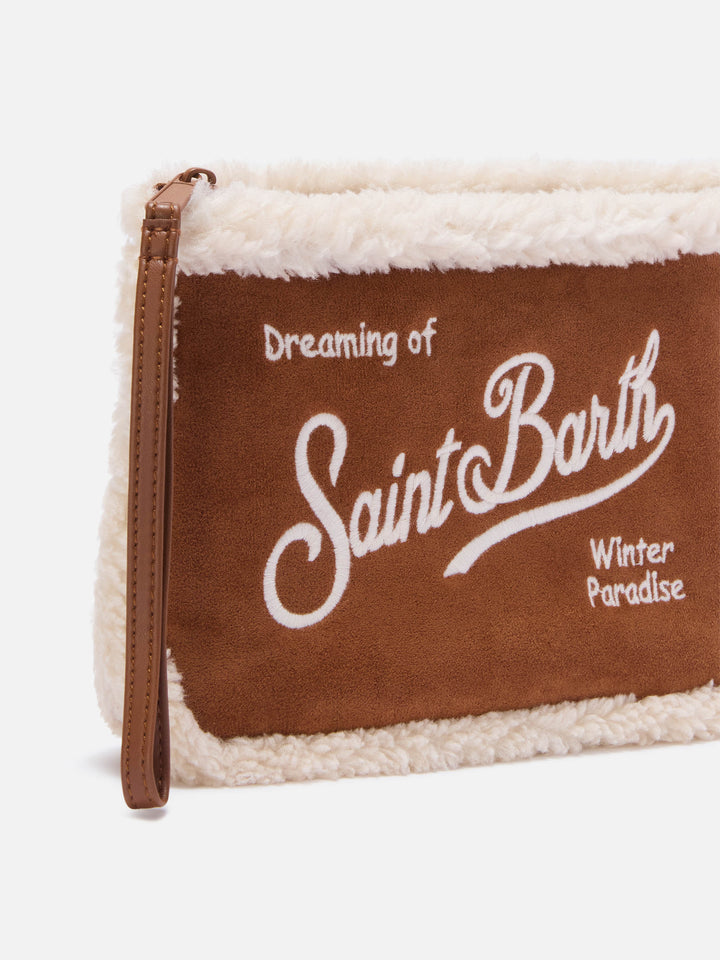 Brown Aline faux shearling pochette with logo embroidery