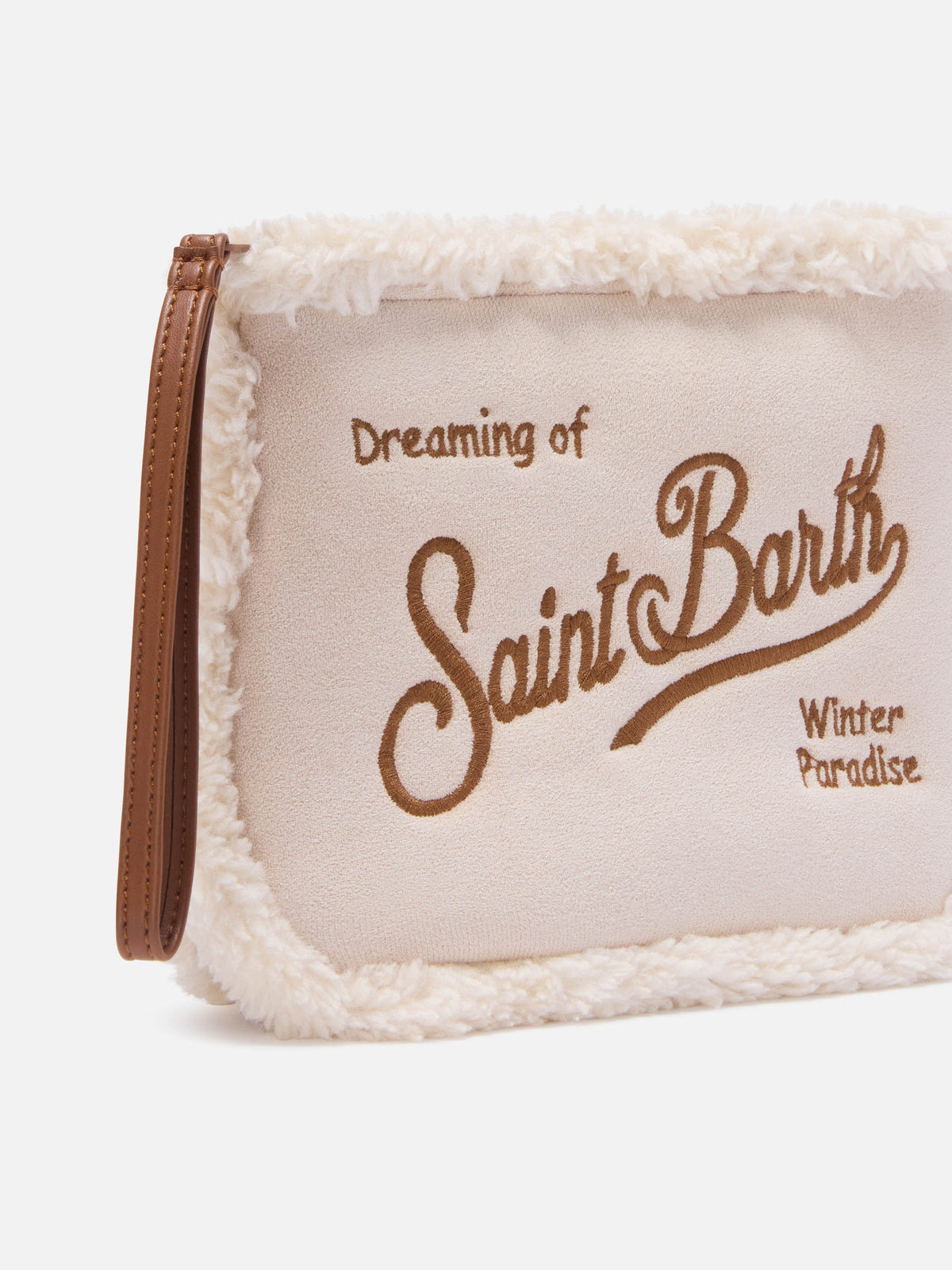 Borgoña Aline de pelo sintético efecto shearling pochette con bordado del logo 