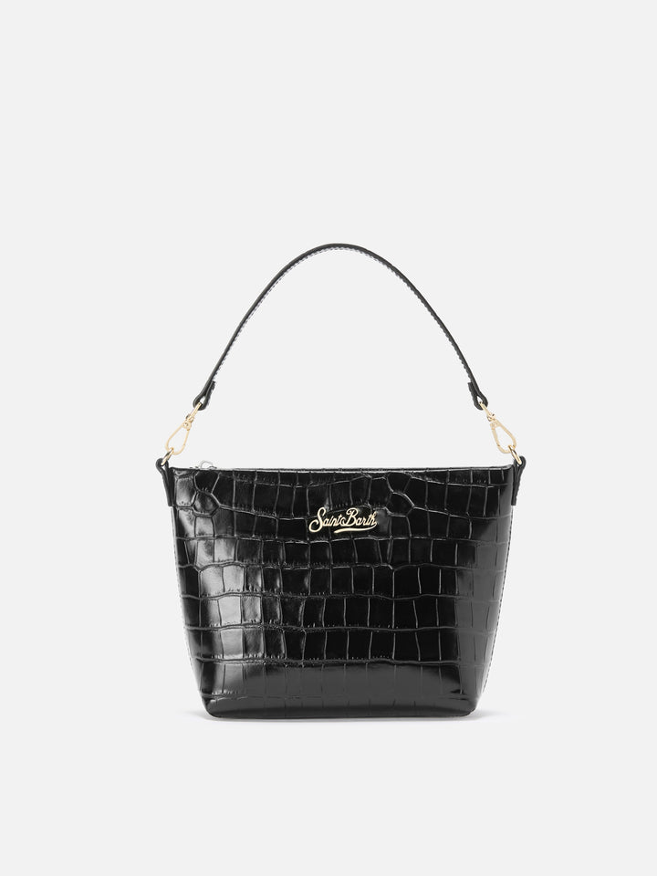 Borsa a spalla Aline Bag in pelle stampa cocco nera