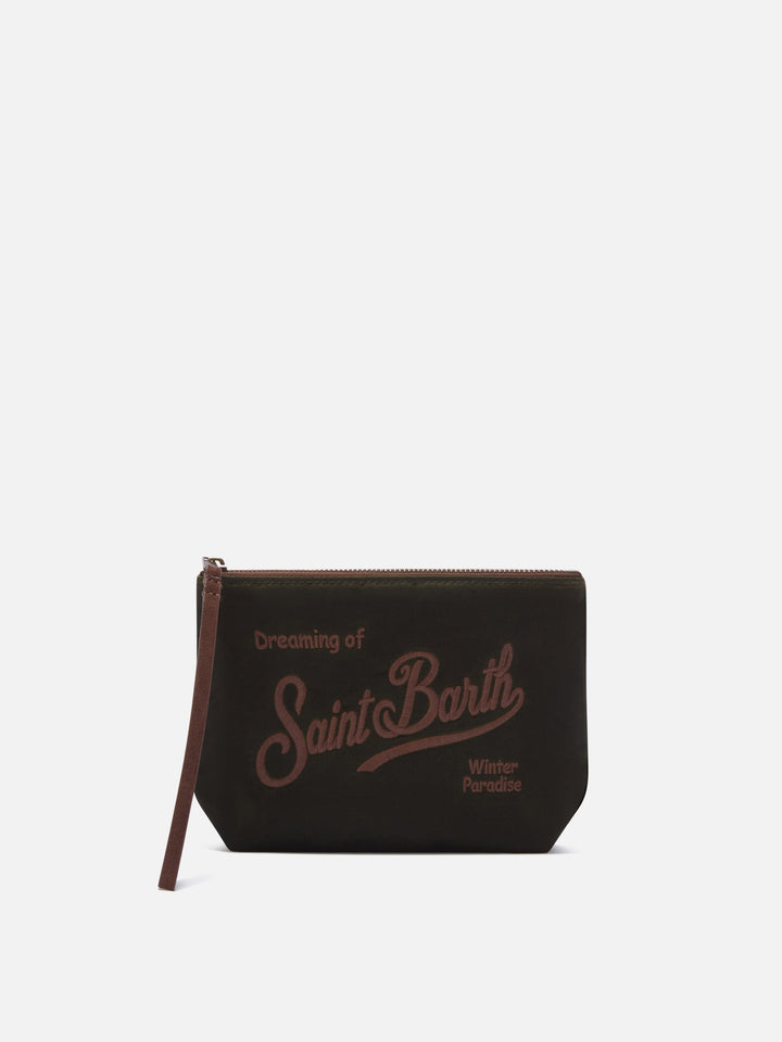 Pochette Aline verde militare in tessuto cerato con ricamo logo
