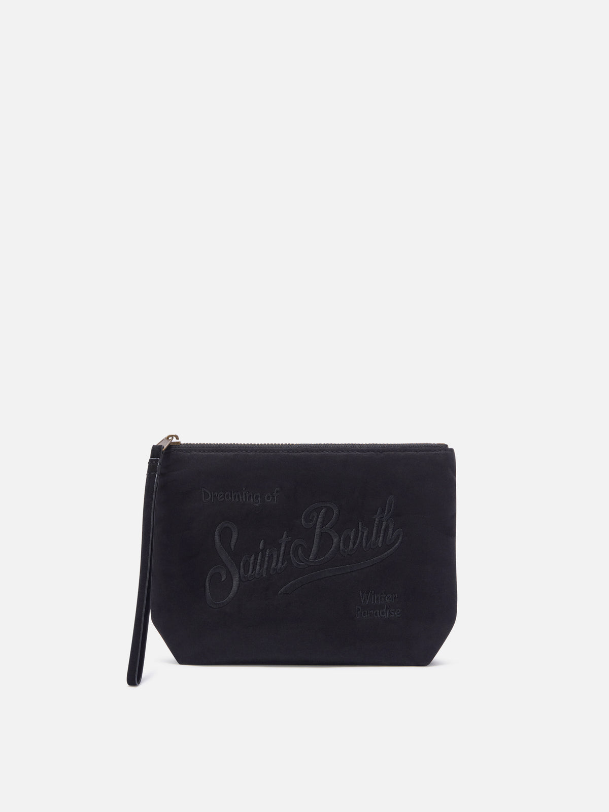 Pochette Aline nera in tessuto cerato con ricamo logo