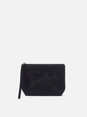 Pochette Aline nera in tessuto cerato con ricamo logo
