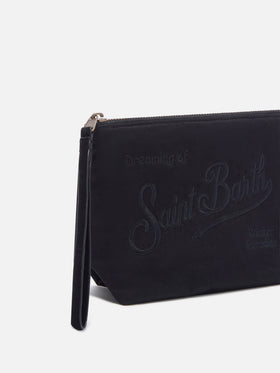 Pochette Aline nera in tessuto cerato con ricamo logo