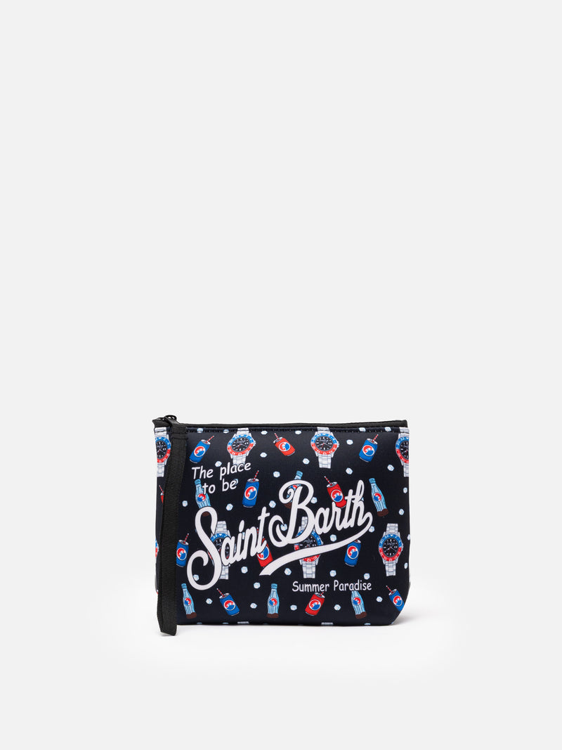 Aline Scuba-Pochette mit Uhren- und Getränke-Print