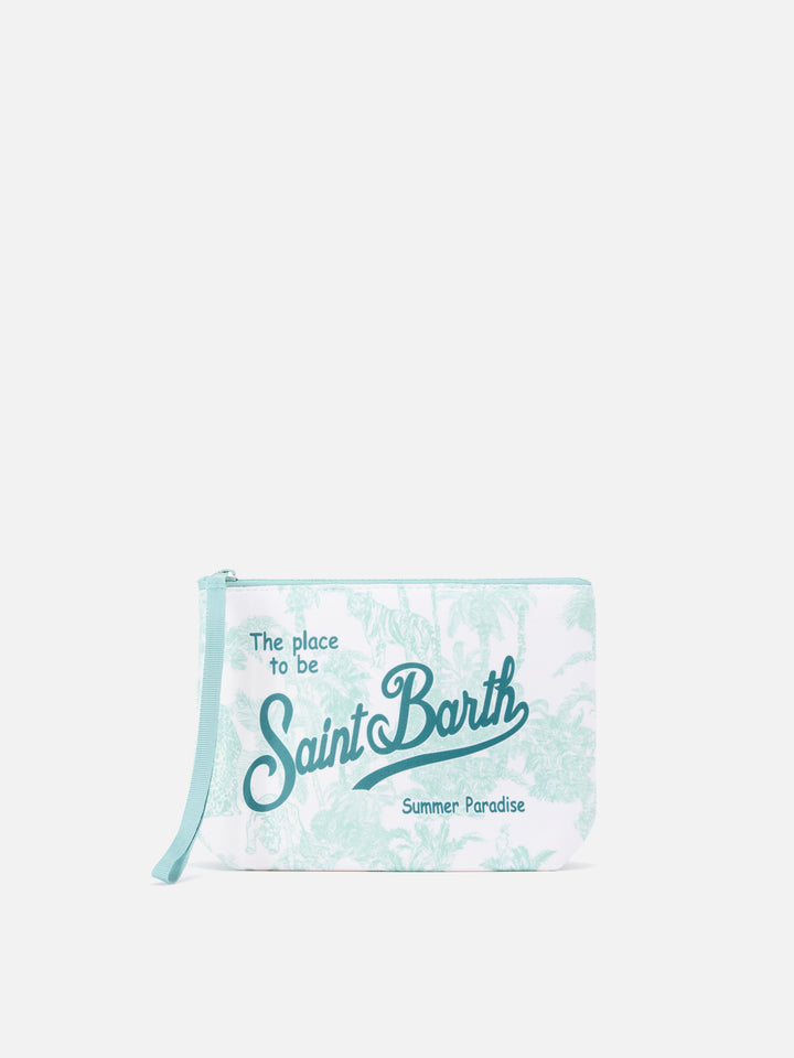 Aline scuba pouch with green Toile de Jouy print