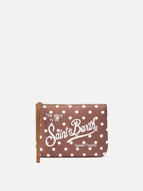 Pouch scuba Aline marrón con estampado de lunares 