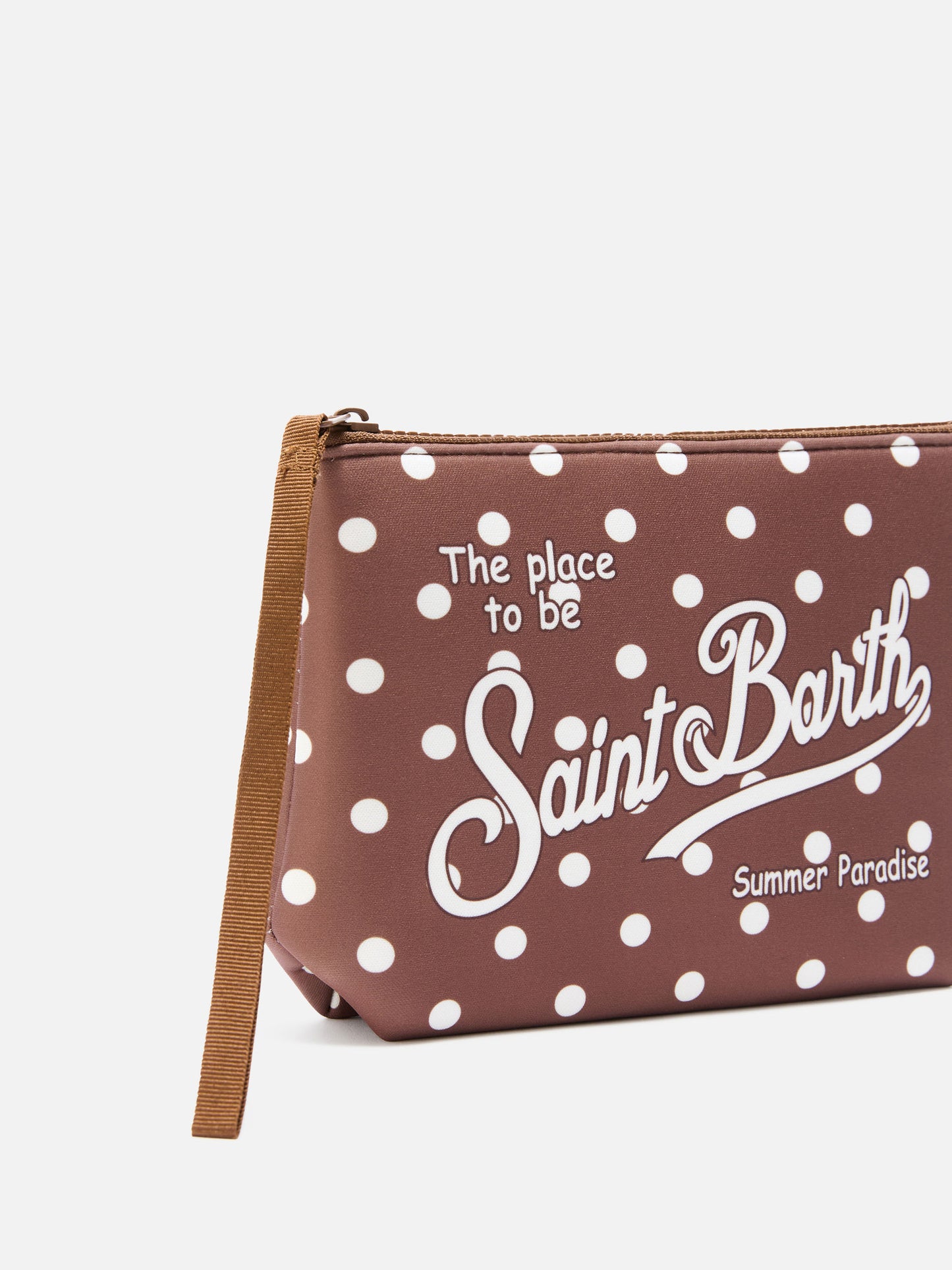 Pouch scuba Aline marrón con estampado de lunares 