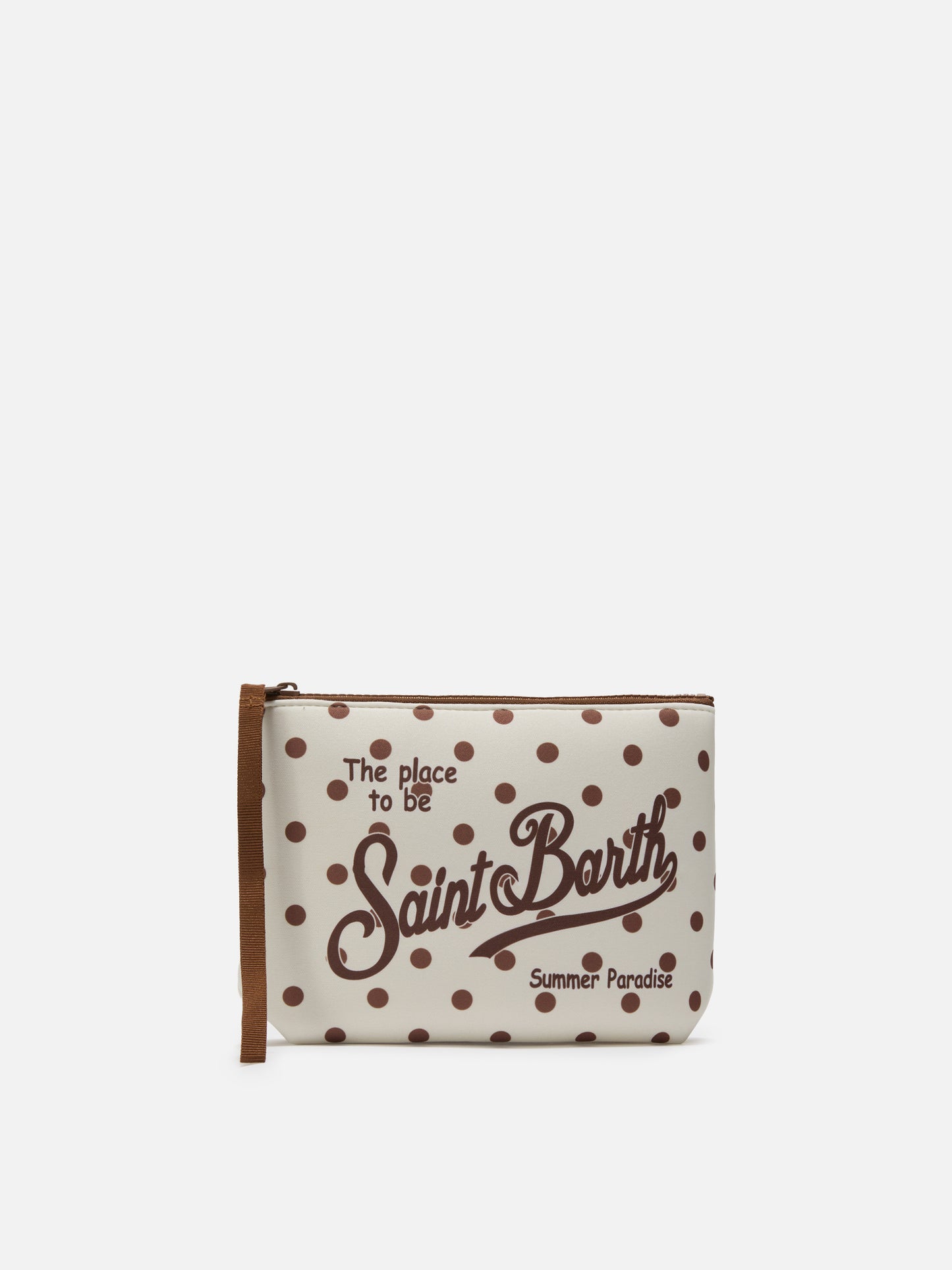 Aline scuba pouch with beige and bordeaux polka dot print