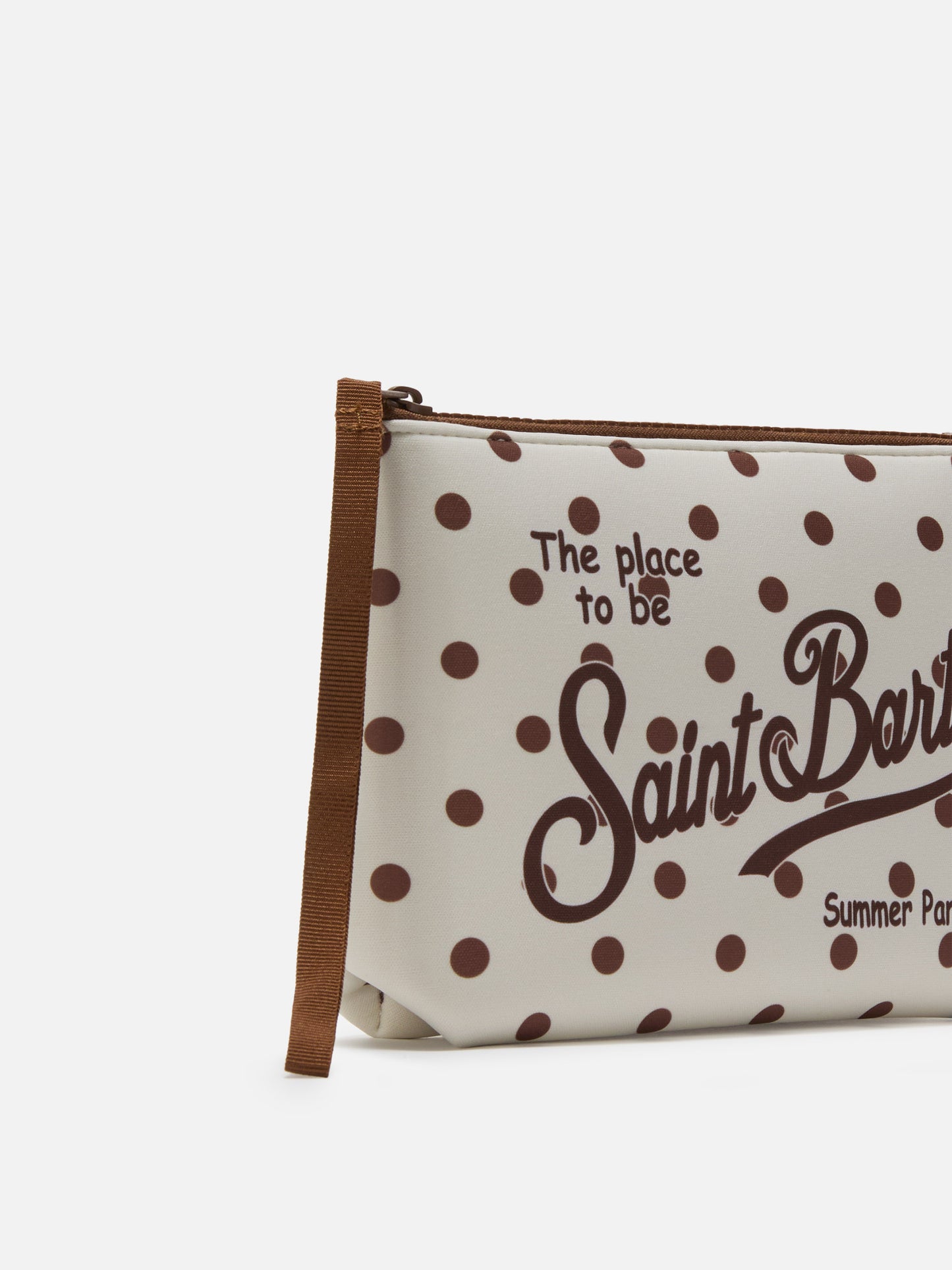 Aline scuba pouch with beige and bordeaux polka dot print