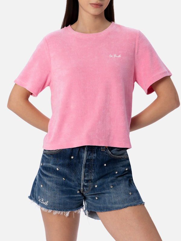 Woman pink terry cotton crewneck t-shirt Aleja